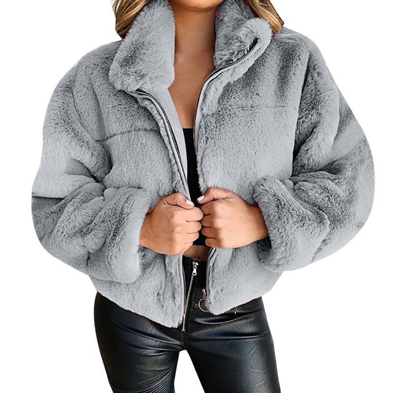 Women furry zipper warm jacket 9