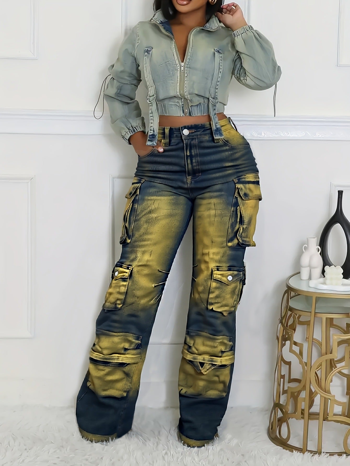 Women American Retro Cargo Tie-Dye Wide-Leg Pants 6