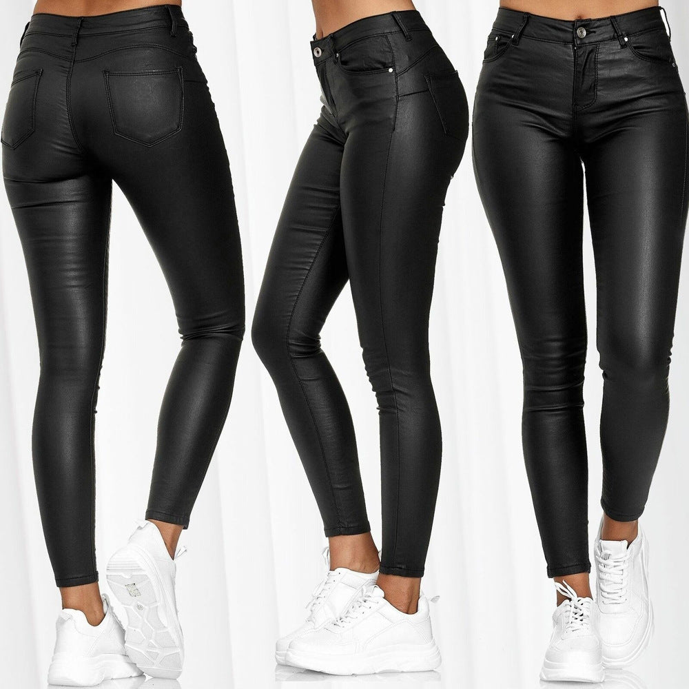 Women's Fashion High-Waist Solid Color Leather Casual Tight Pants