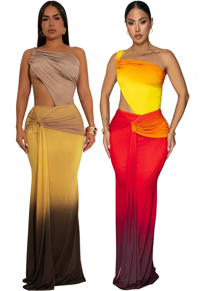Summer Women's Sexy One-Shoulder Open Waist Gradient Long Dress