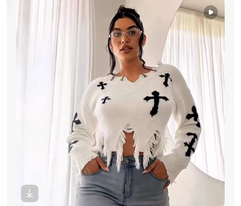 Women Cross Ripped Tassel Dark Long-Sleeved Pullover Knitting Sweater 5