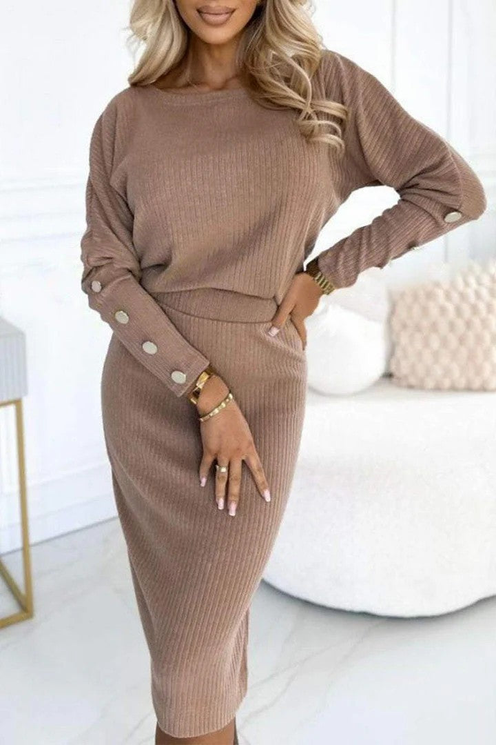 Women autumn and winter Round Neck Ribbed button Top and Skirt Two Piece Set