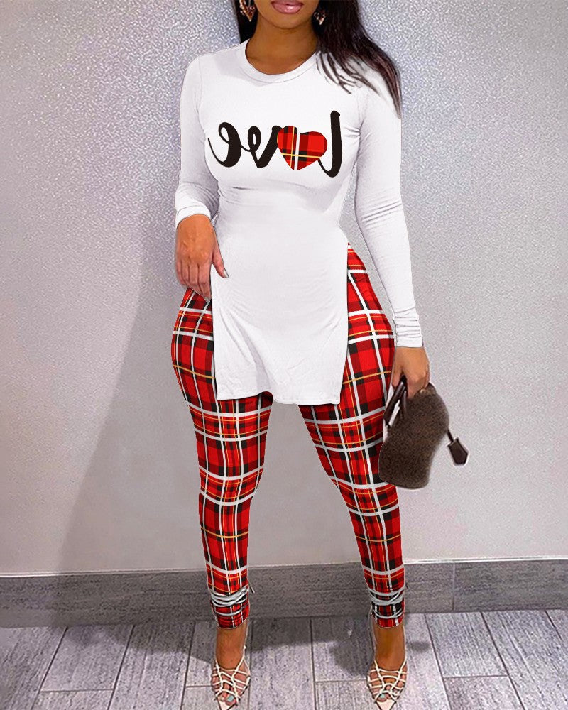 Women Letter Print Split Long Sleeve Top and PantTwo Piece Set 8