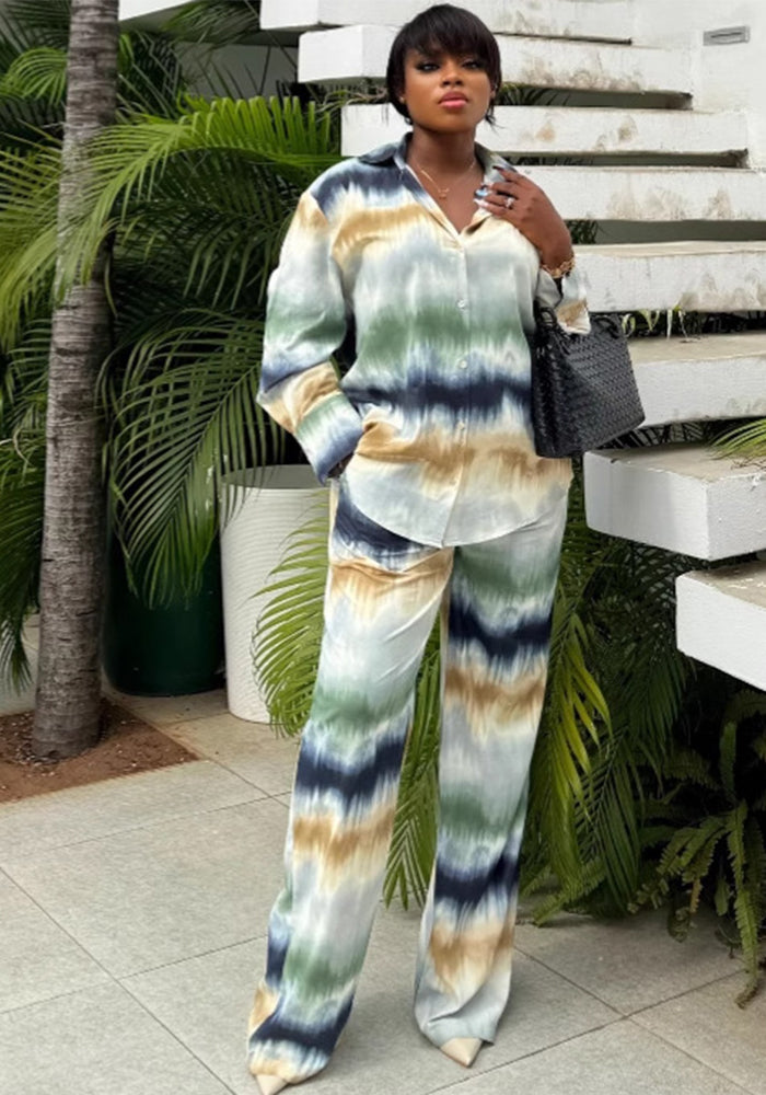 Plus Size Women Casual Printed Long Sleeve Shirt Pants Two-piece Set