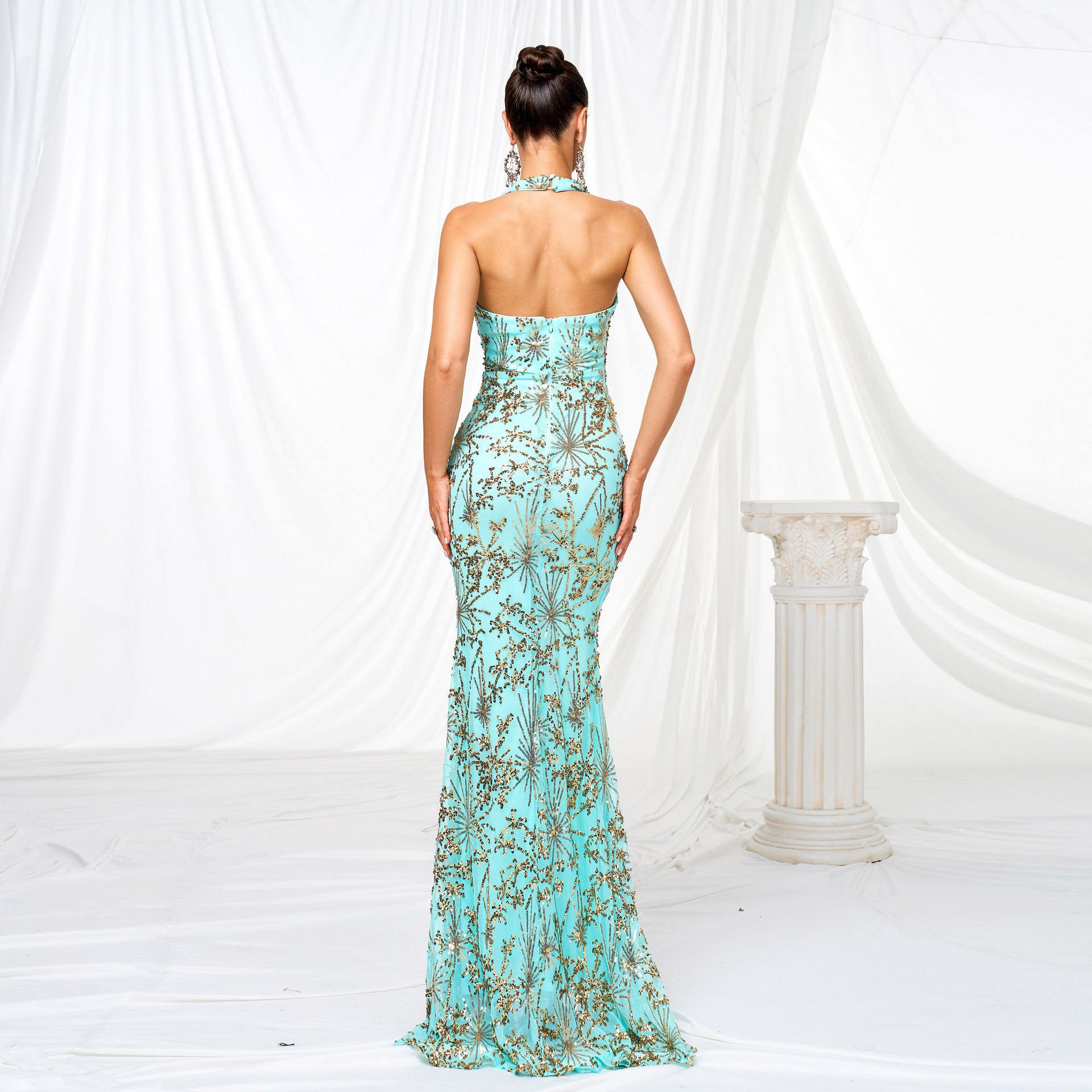 Women v-neck Halter Neck Bodycon sequin Formal Party slit evening dress 4