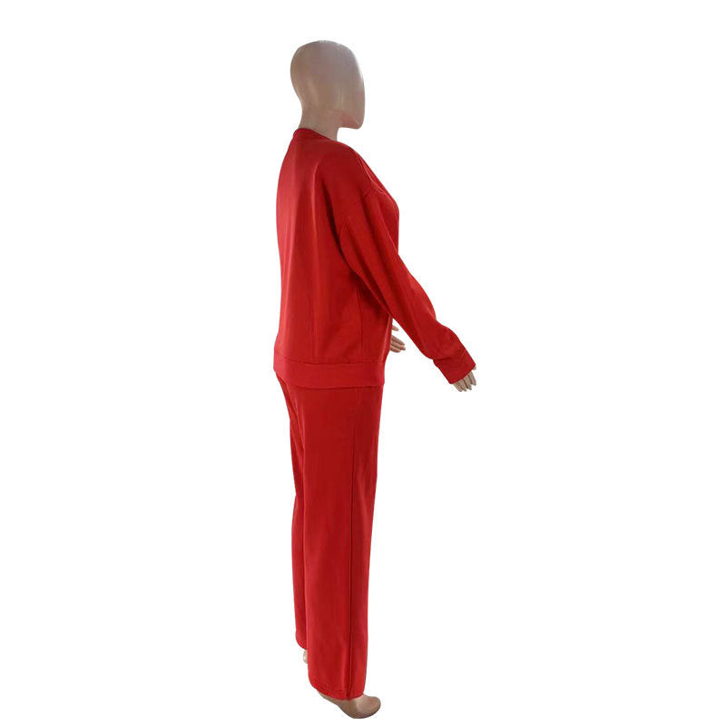 Women Solid long-sleeved Round Neck Top and wide-leg pants Two Piece Set 17