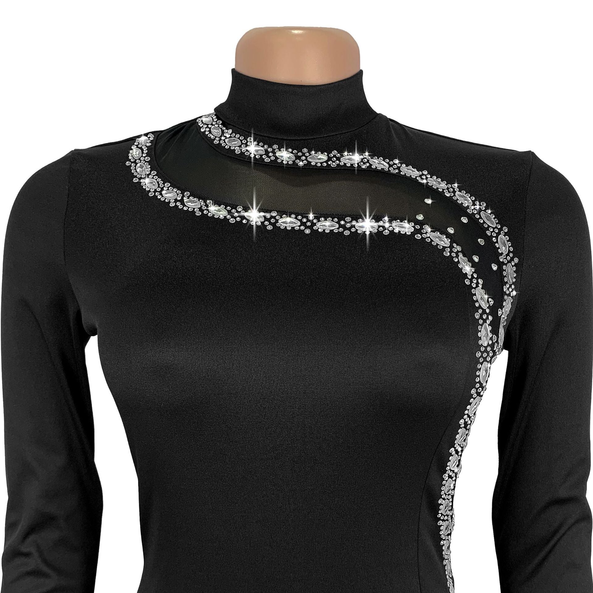 Women Sexy Slit Diamond Chain Long Sleeve Dress 7