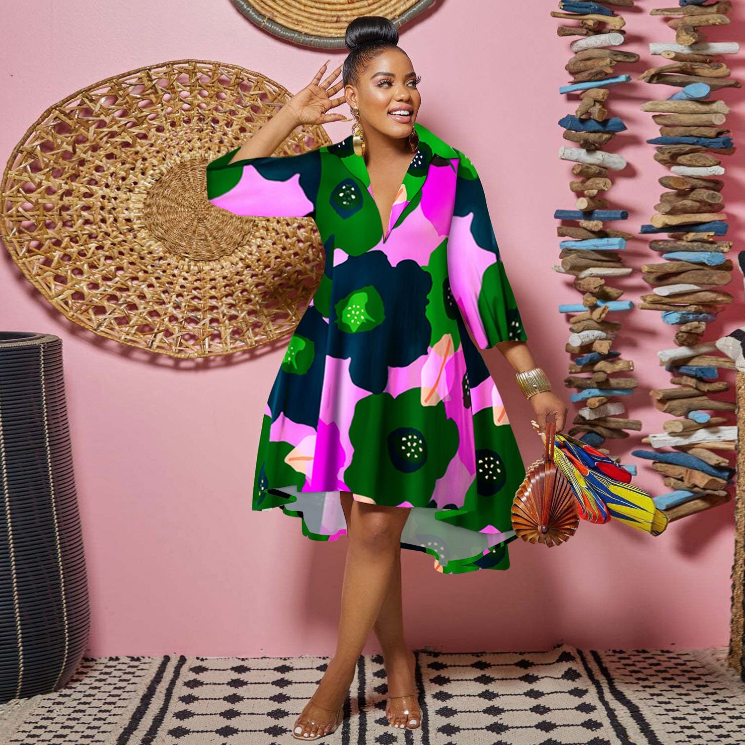 Women Casual Printed Deep v Turndown Collar Dress 4