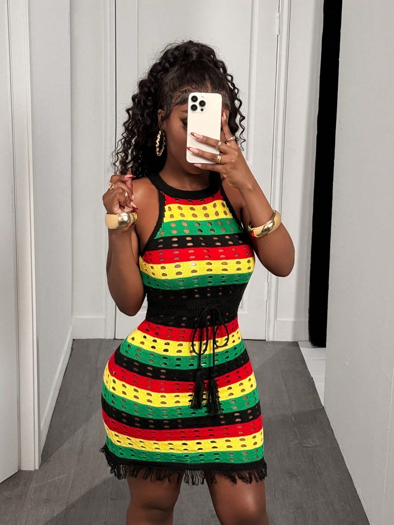 Women Striped Contrast Color Hollow Drawstring Bodycon Tassel Dress 5