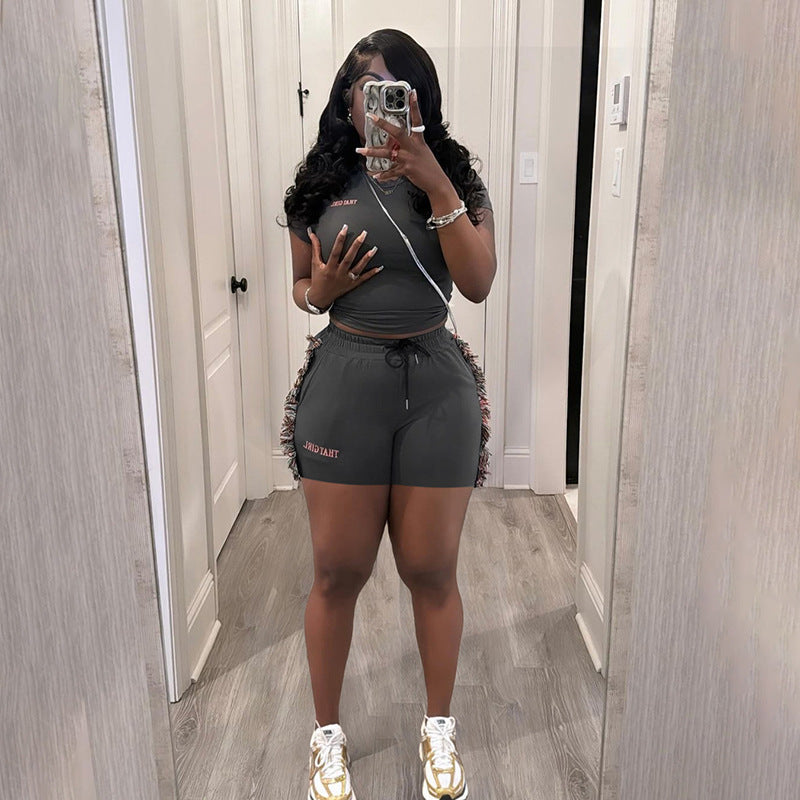 Women spring Summer sexy embroidered Top Solid and shorts two-piece set 3