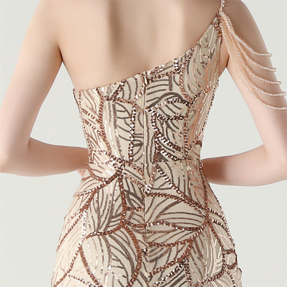 Women One Shoulder Beaded Sequin Embroidery Formal Party Prom Wedding Evening Dress 67