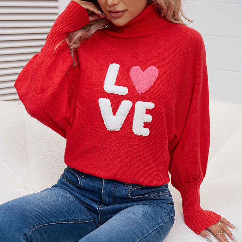 Women red high-neck Bat Sleeves sweater 7