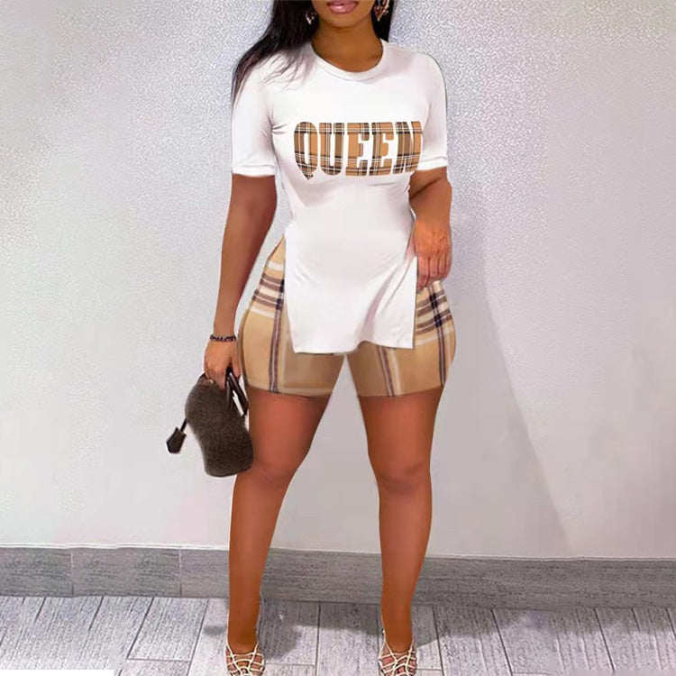 Women Letter Print Slit Short Sleeve Top + Shorts Two-Piece Set 4