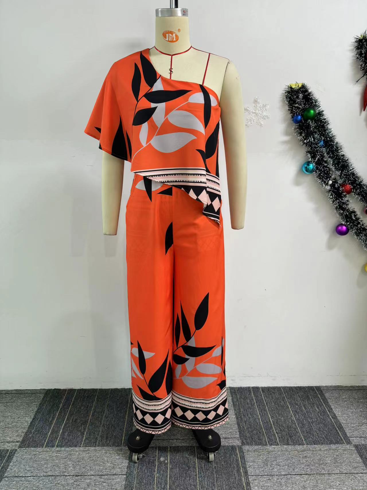 Printed Slash Shoulder Irregular Wide Leg Jumpsuit 5