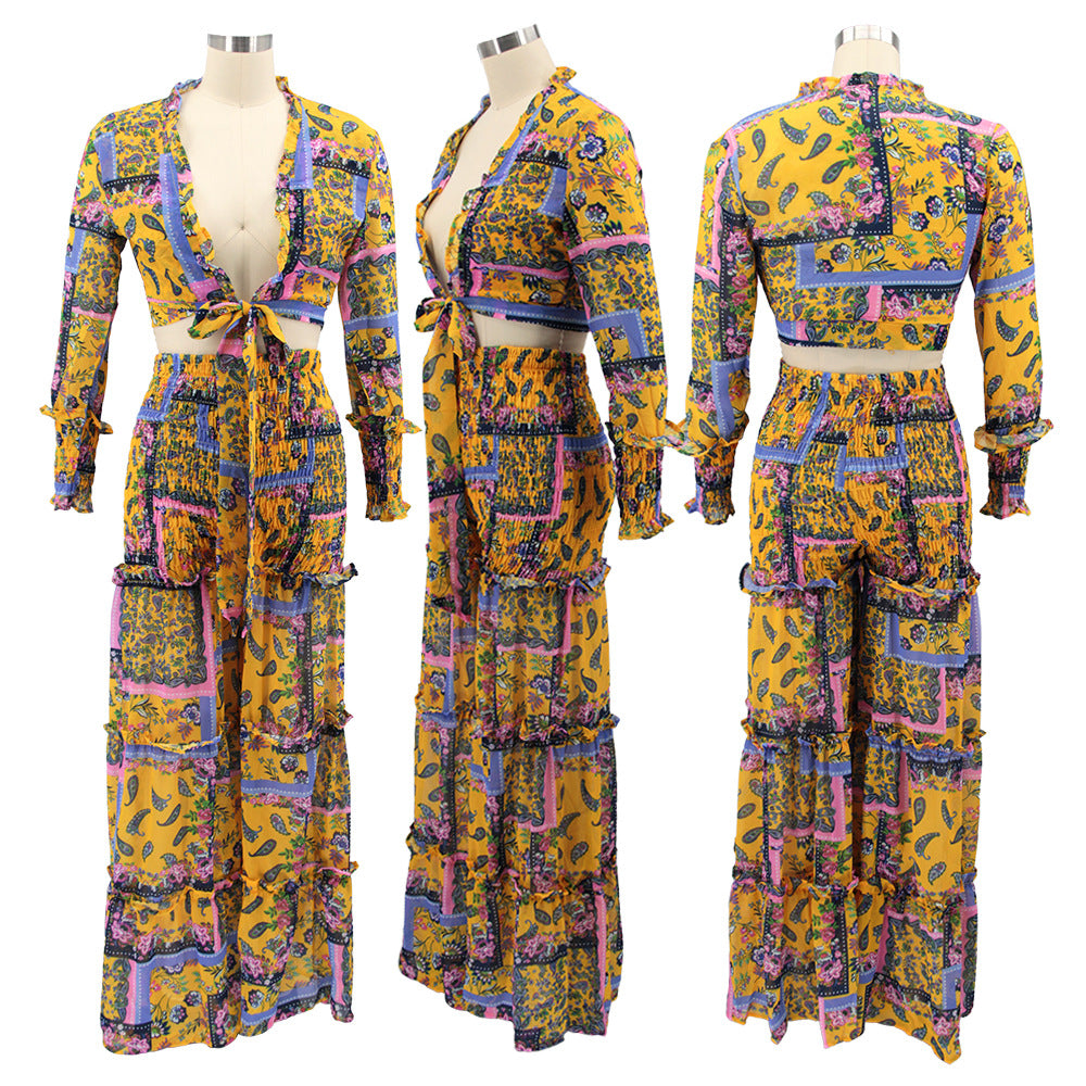 Women chiffon irregular printed long-sleeved top and wide-leg pants Casual two-piece set 17