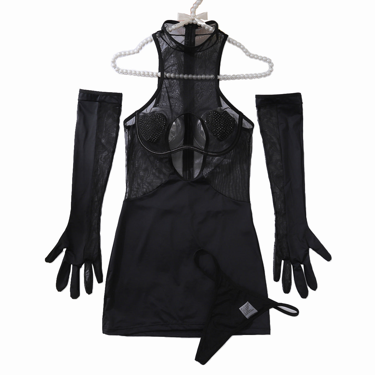 Heart Print Mesh Halter Neck Bodysuit High Neck Lingerie Set 6