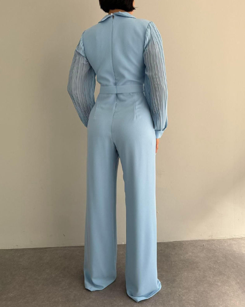 Women Career pleated long sleeve Patchwork Turndown Collar belt wide leg jumpsuit