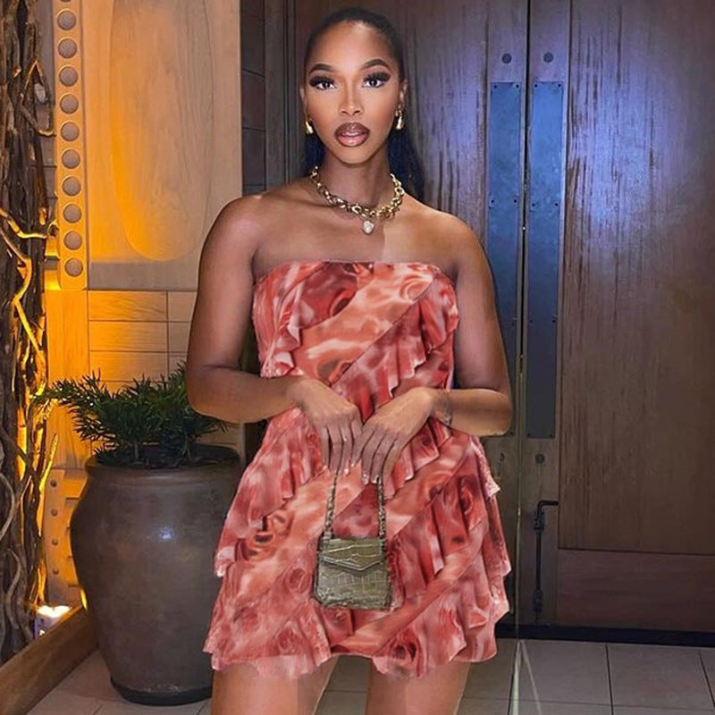 Women's Spring/Summer Flounce Mesh Strapless Mini Rose Print Bodycon Dress 16