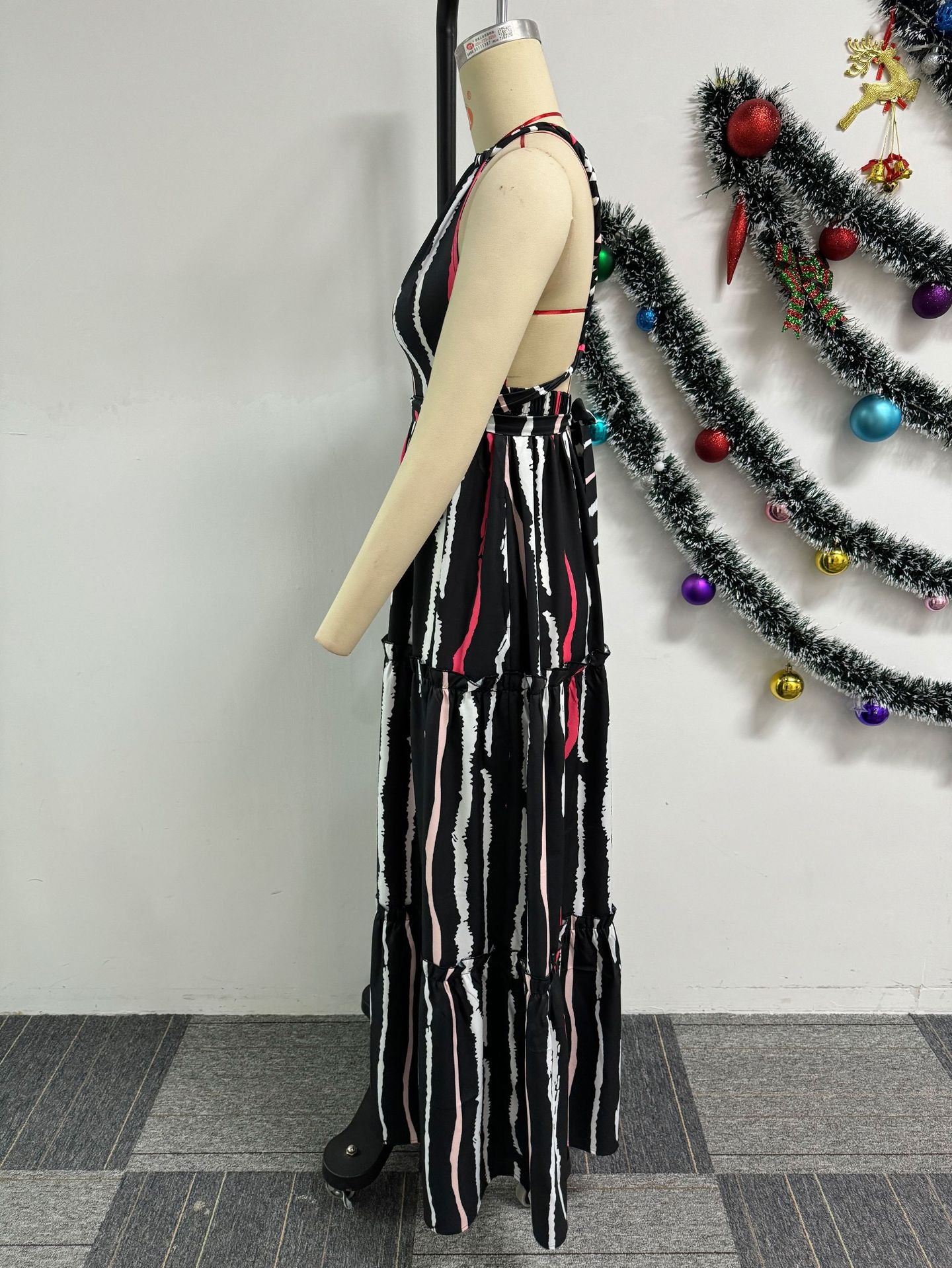 Women Sexy Print Lace-Up Slash Shoulder Backless Dress 6