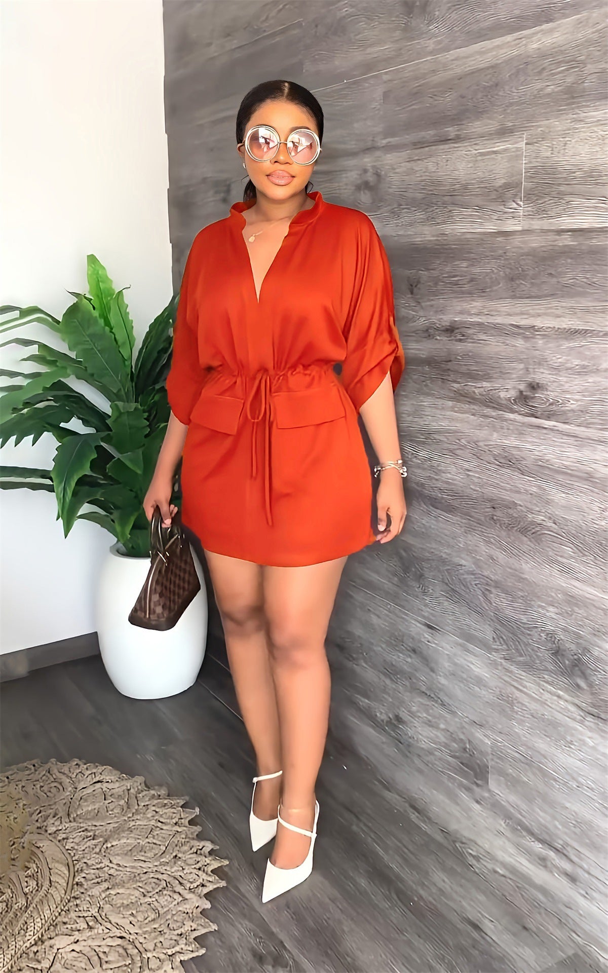 V-neck loose waist tooling skirt summer casual women's dress 4