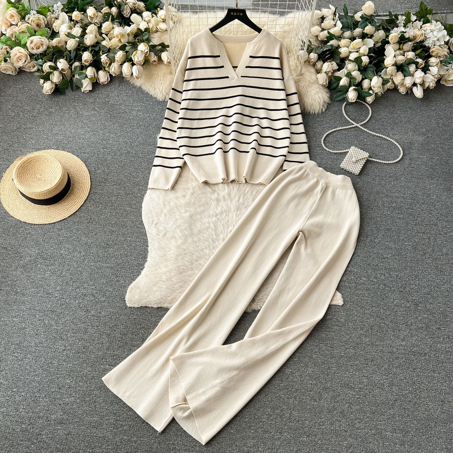 Women Casual V Neck Striped Knitting Top and Pants Two-piece Set 9