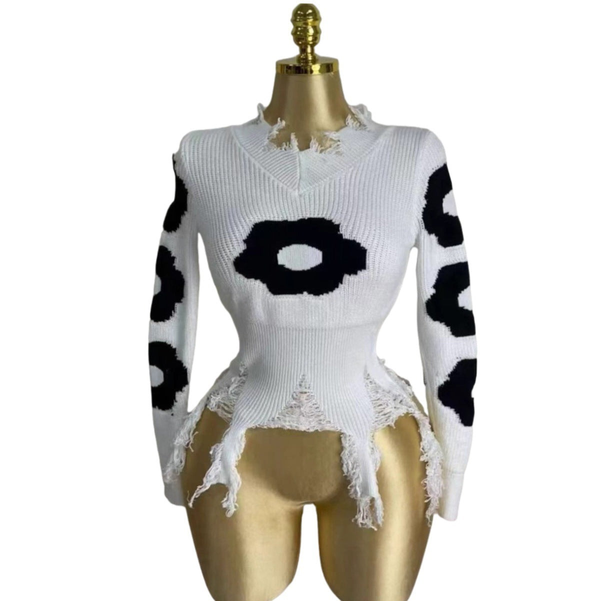 Women Cross Ripped Tassel Dark Long-Sleeved Pullover Knitting Sweater 11