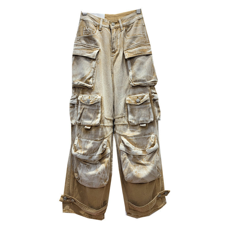 High Street Fashion Gradient Contrast Color Pocket Wide Leg Cargo Denim Women's Trendy Pants 6
