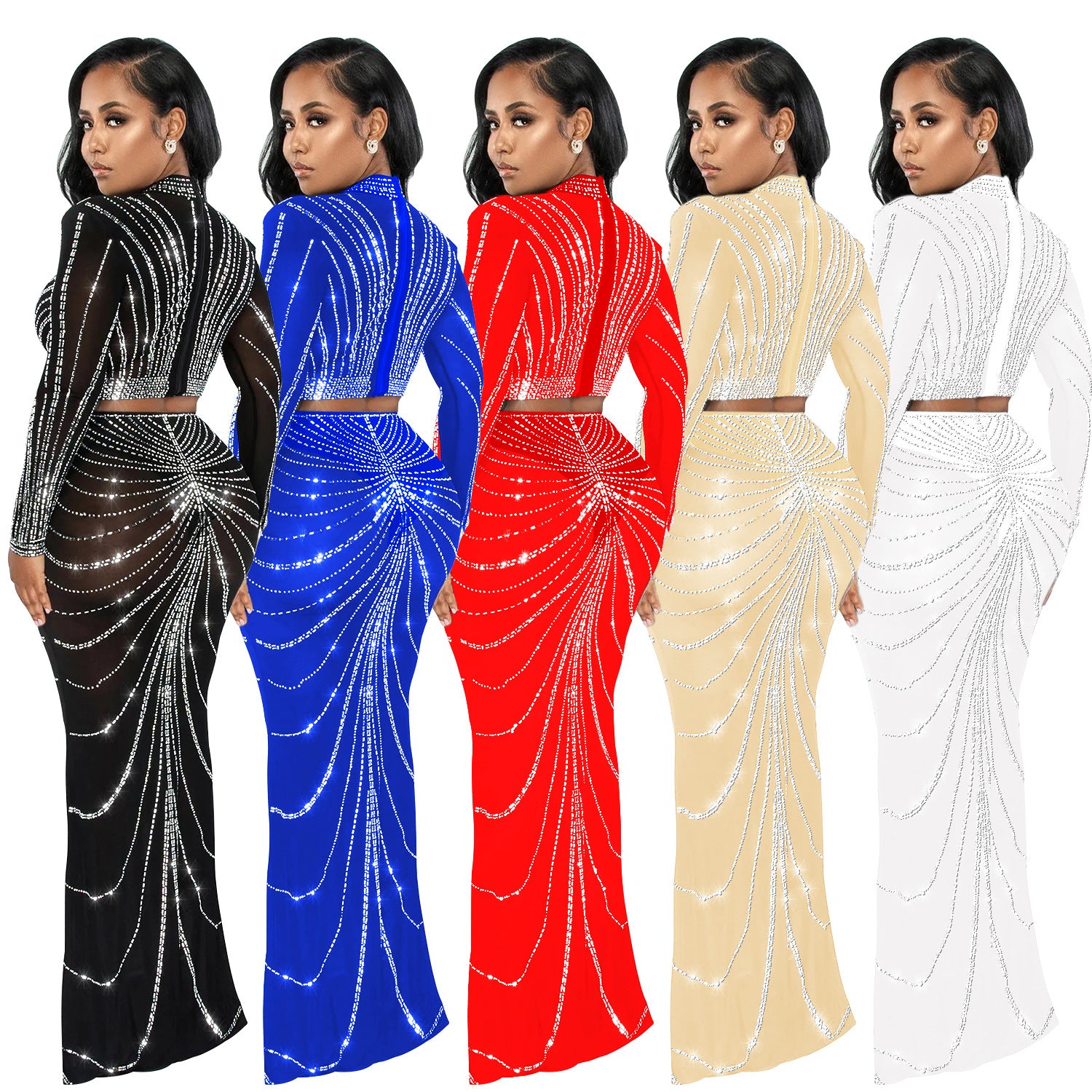 Women's Fashion Mesh Beaded See-Through Long Sleeve Long Dress Two Piece 11