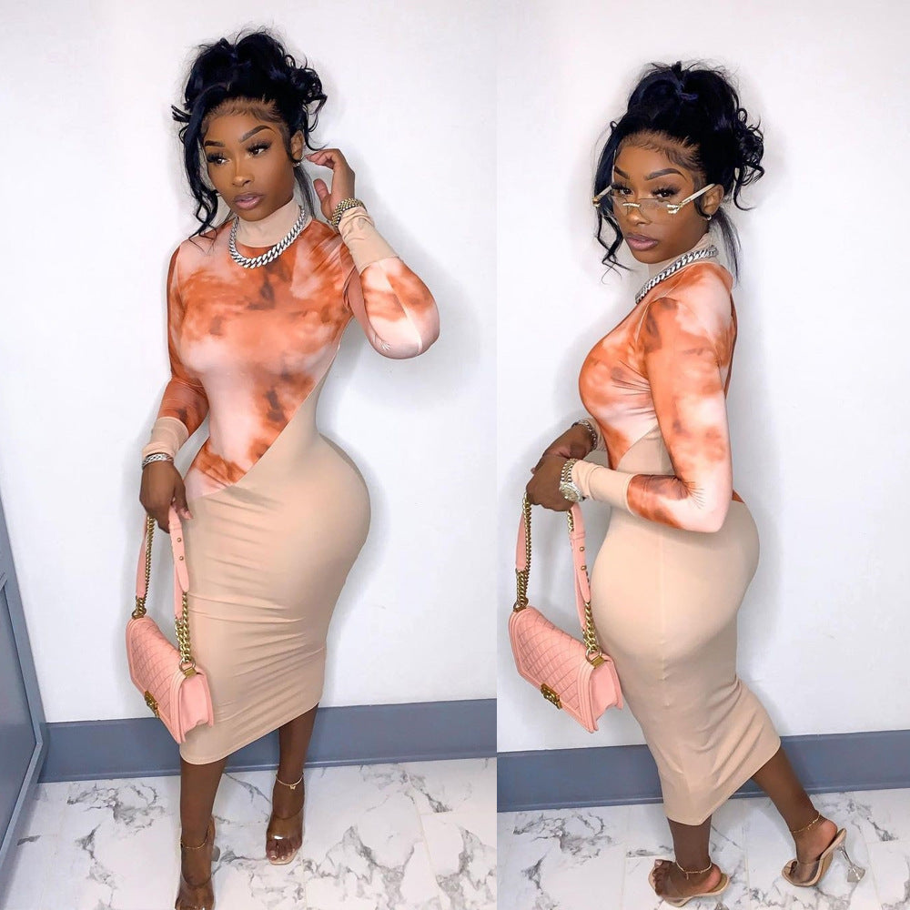 Women Casual Printed Patchwork Turtleneck Dress 3