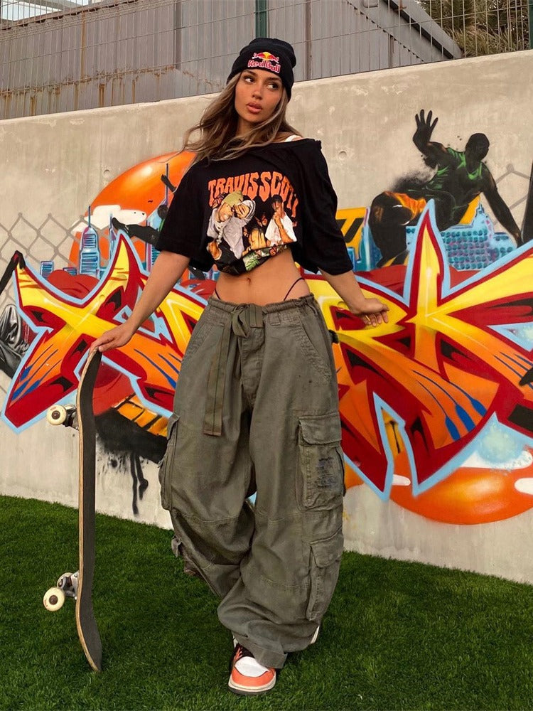 Casual Street Trend Woven Wide-Leg Casual Pants Multiple Pockets Design Cargo Pants For Women 6