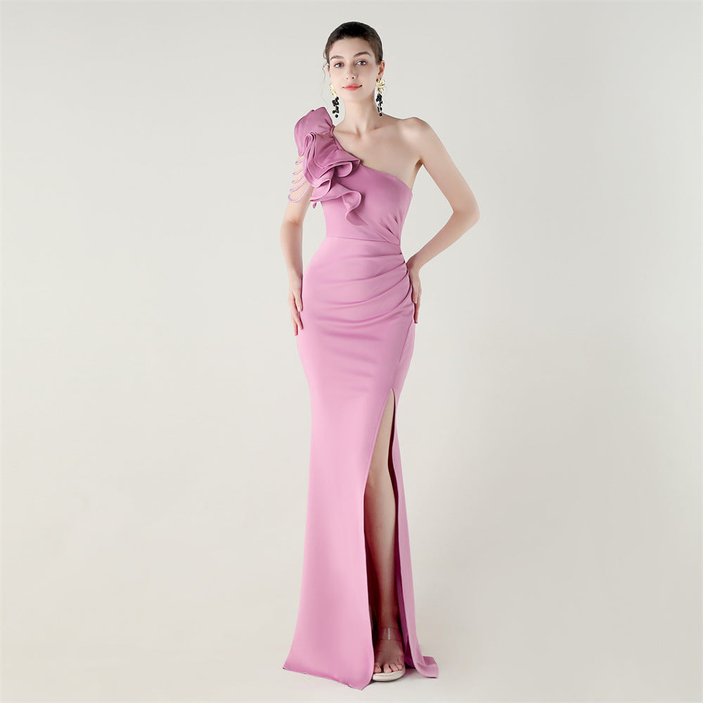 Women One-Shoulder Beaded Wool and Floral Satin Slit Sexy Evening Dress 25