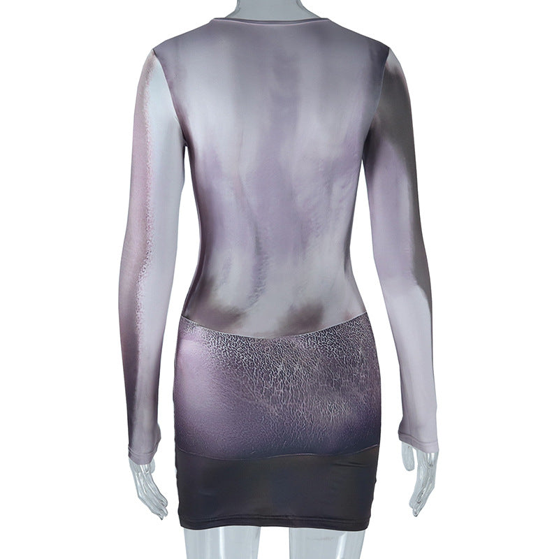 Women Round Neck Long Sleeve Printed Bodycon Dress 11