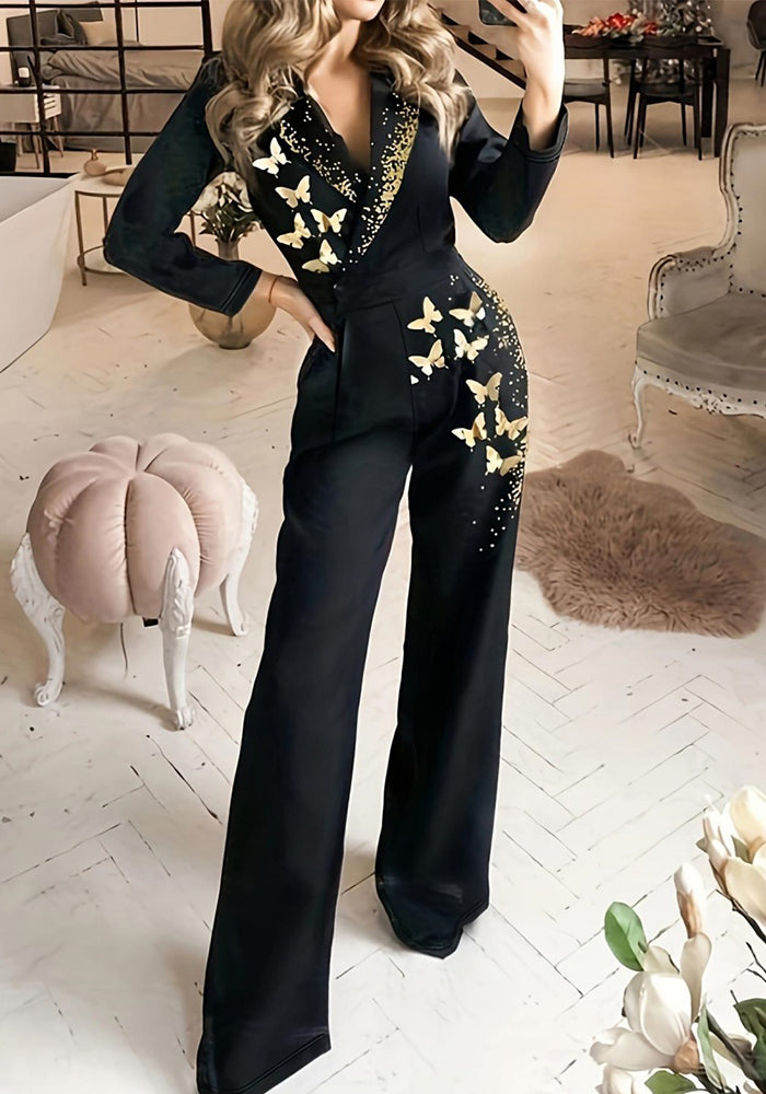 Women Elegant Printed Pocket Zip Long Sleeve Jumpsuit