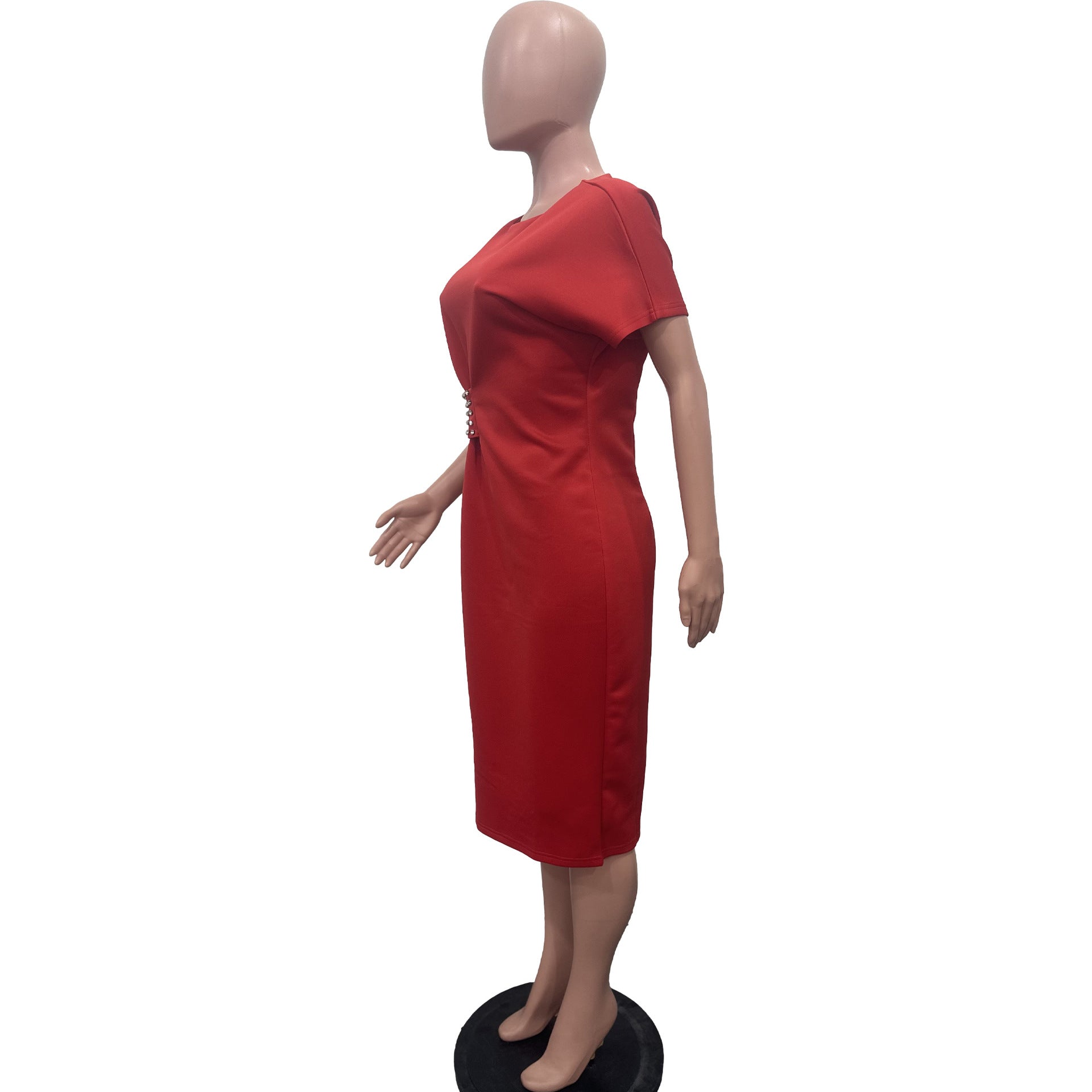 Women Solid Stud Diamond Round Neck Slit Dress 6