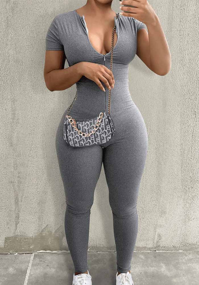 Fashion Solid Color Women's Short Sleeves Zip Slim Fit Jumpsuit