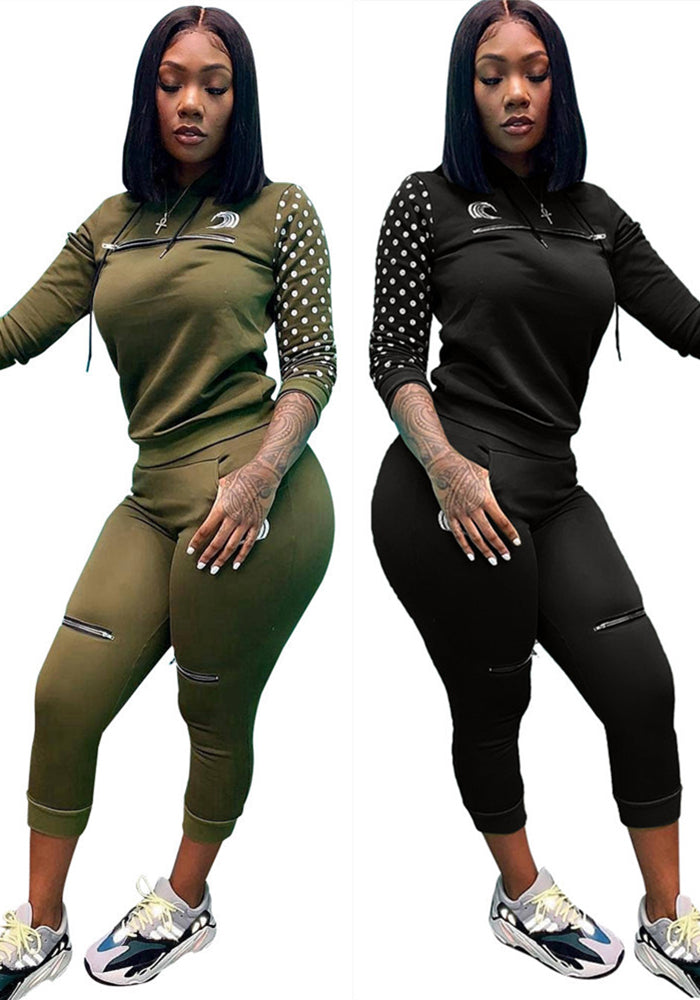 Women's Autumn Winter Fashion Zipper Polka Dot Patchwork Hooded Two-Piece Pants Set