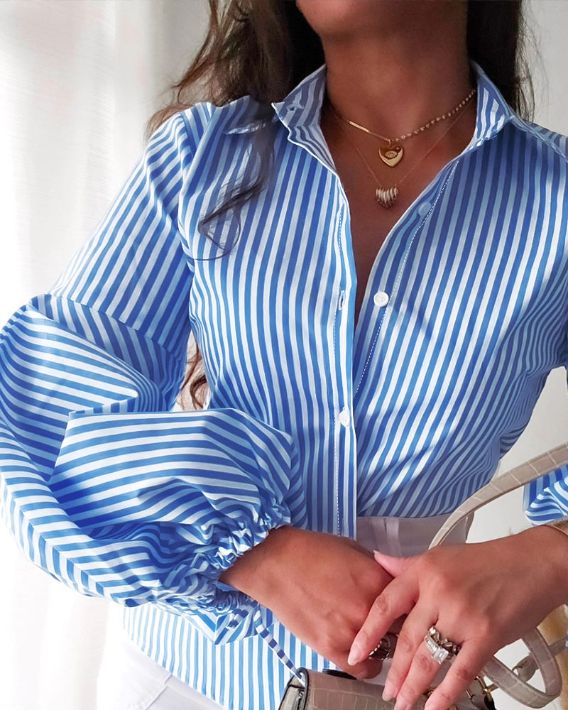 Women Light Blue Striped Lantern Sleeve Shirt 4