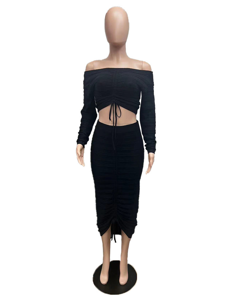 Women's Autumn and Winter Fashion Long Sleeve Off Shoulder Crop Top Drawstring Skirt Knitted two piece Set 13