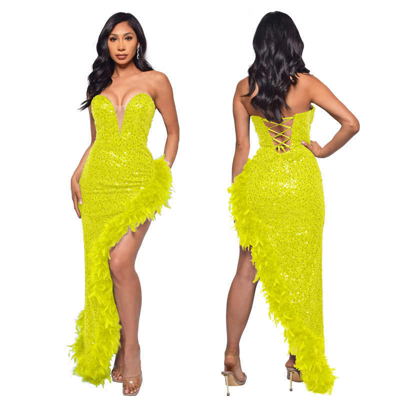 Women Sexy Off Shoulder Backless Sequin Feather Dress 15