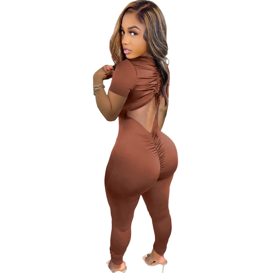 Women's Spring/Summer Back Drawstring Ruched Short Sleeve Jumpsuit 7