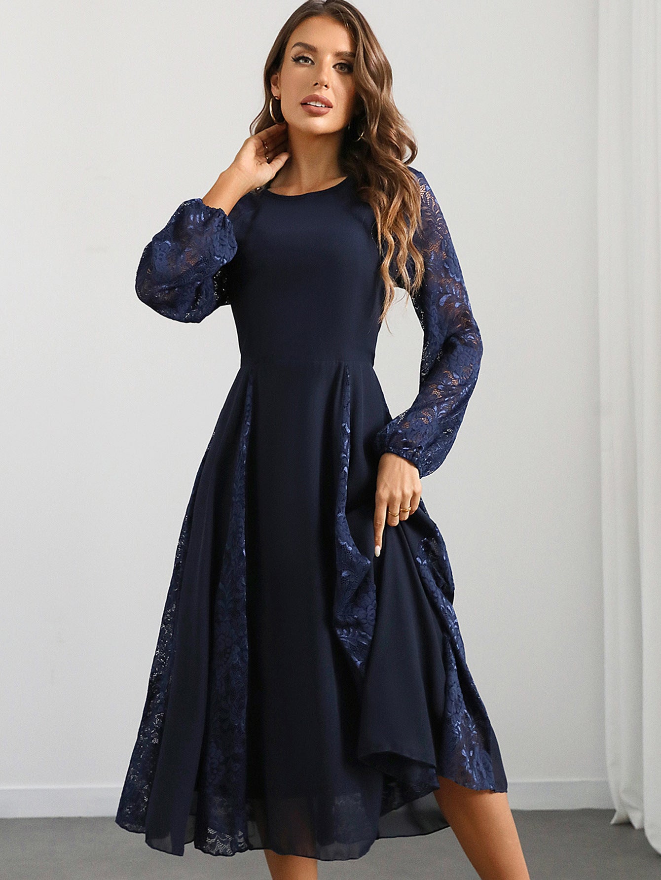 Women Sexy Long Sleeve Chiffon Patchwork Lace Evening Dress
