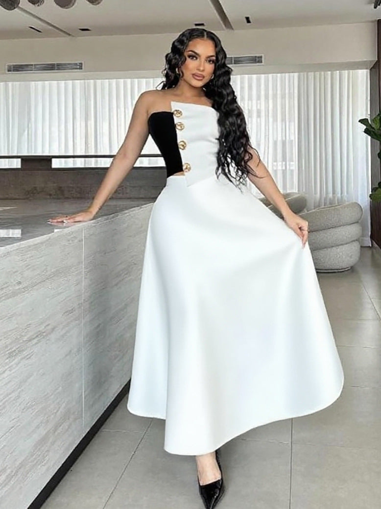 Color-Blocking Strapless Top High-Waist A-Line Skirt Elegant Formal Two-Piece Set 7