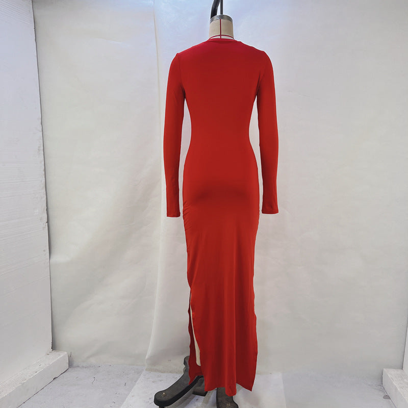 Women Solid Long Sleeve Bodycon Slit Dress 15