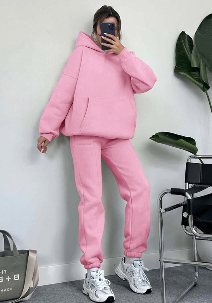 Autumn and winter solid color fleece Hoodies pants two-piece fashionable casual set