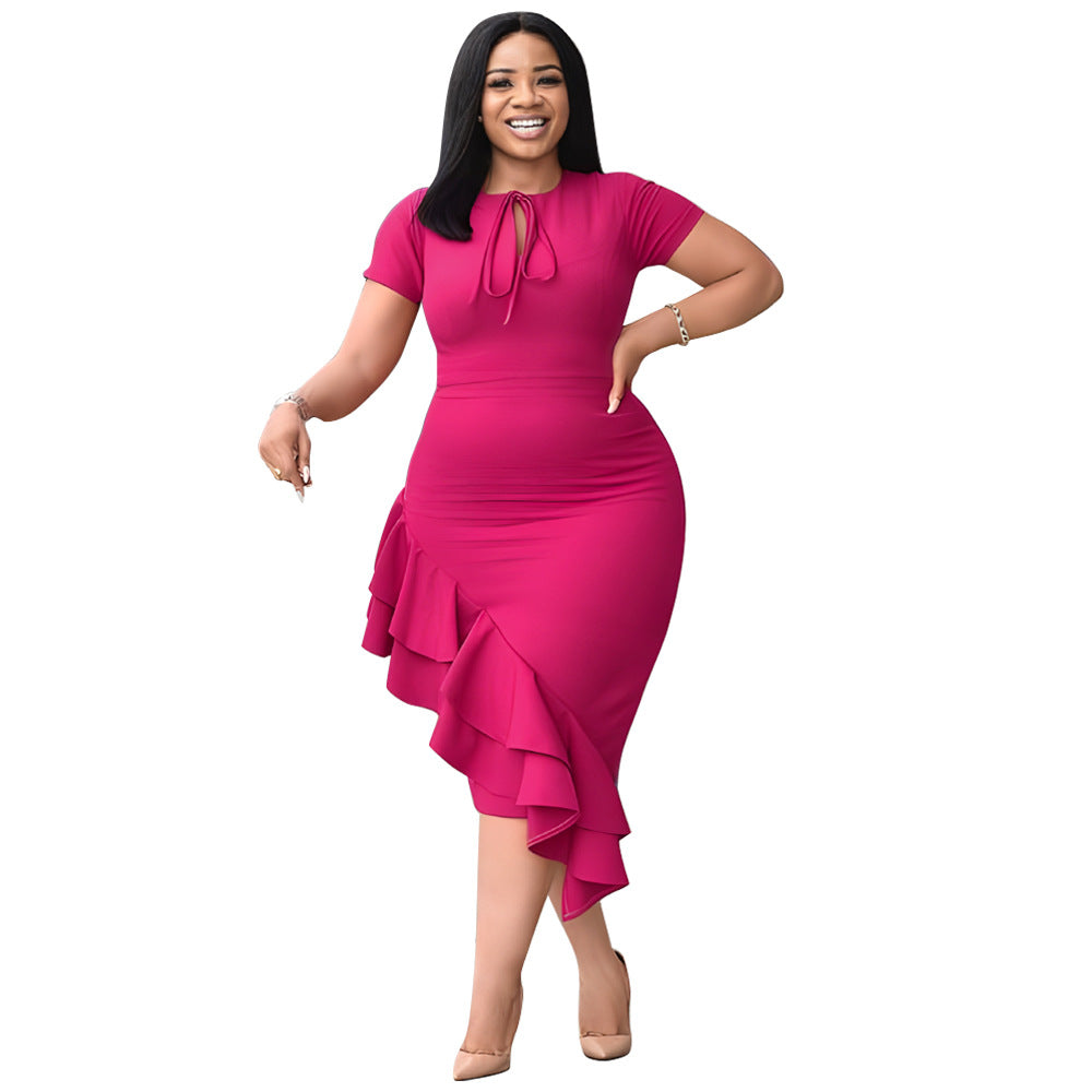 fashion Plus Size women's sexy Casual tie neck ruffle bodycon dress 8