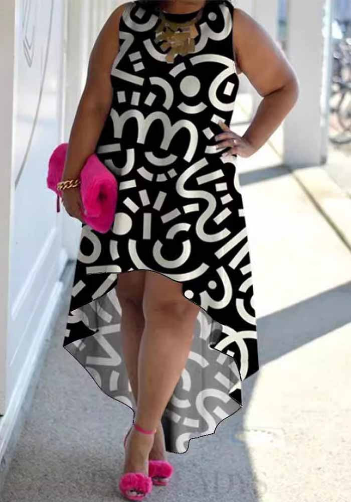 Plus Size Printed Sleeveless Irregular Loose Casual Dress