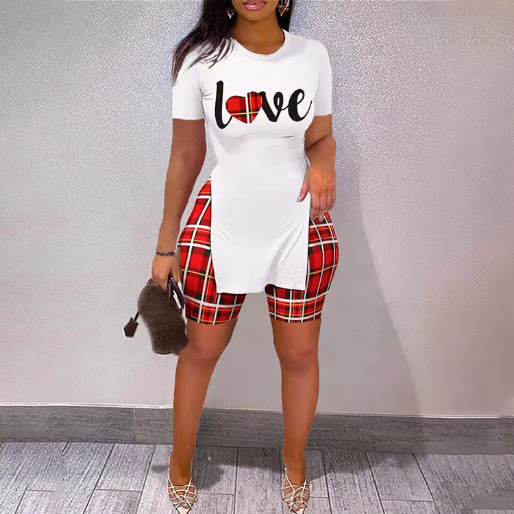 Women Letter Print Slit Short Sleeve Top + Shorts Two-Piece Set 7