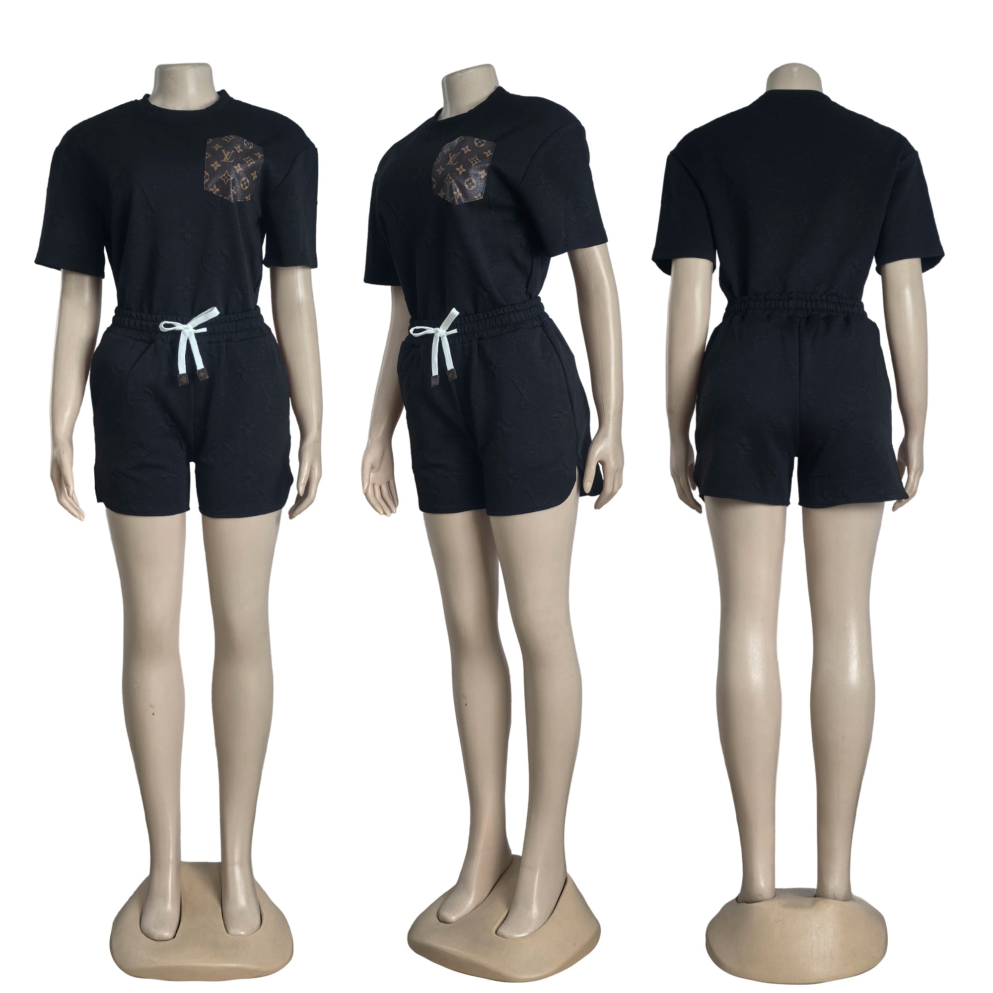 Women casual Pu-Leather pocket jacquard short-sleeved top and shorts sports two-piece set 16