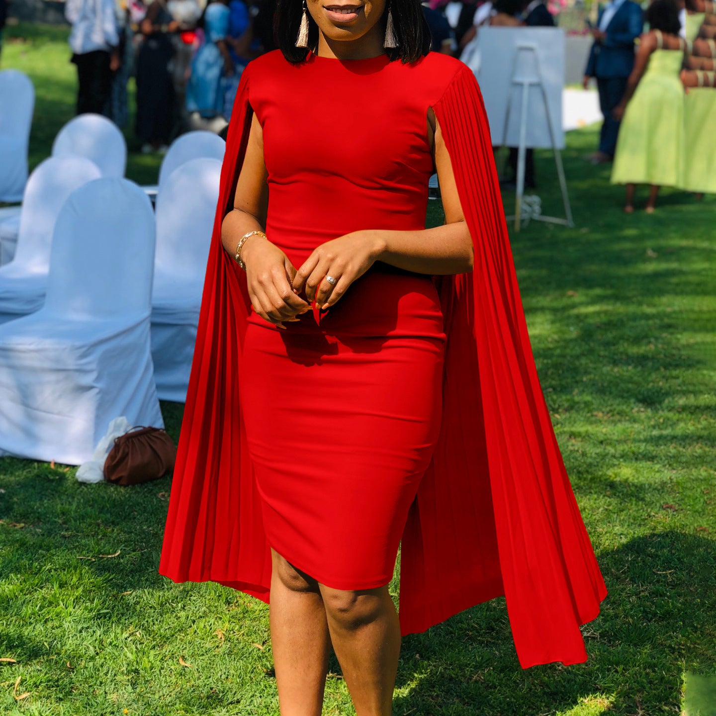 Women's Fashion Solid Color Round Neck Pleated Shawl Sleeve Formal Party Evening Dress 5