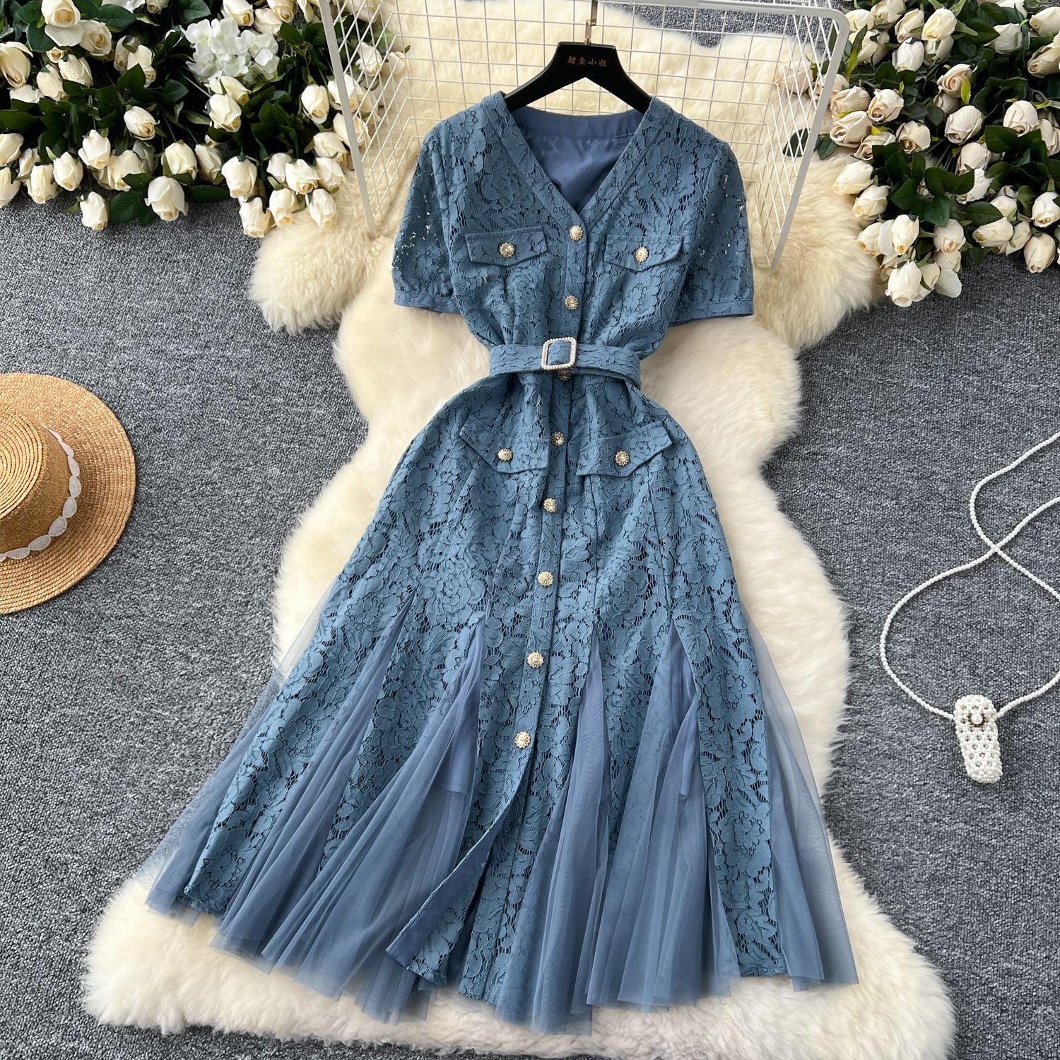 Women French V-Neck Metal Buttoned Mesh Patchwork Lace Ruffle Dress 20